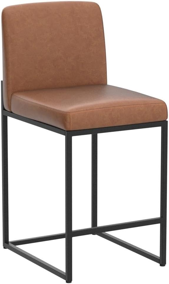 ALPHA HOME 24” Bar Stools Set of 4 Counter Height Bar Stool Pu Leather Kitchen Modern Bar Stools with Backrest Upholstered Footrest Sturdy Chromed Metal Steel Frame,Brown.