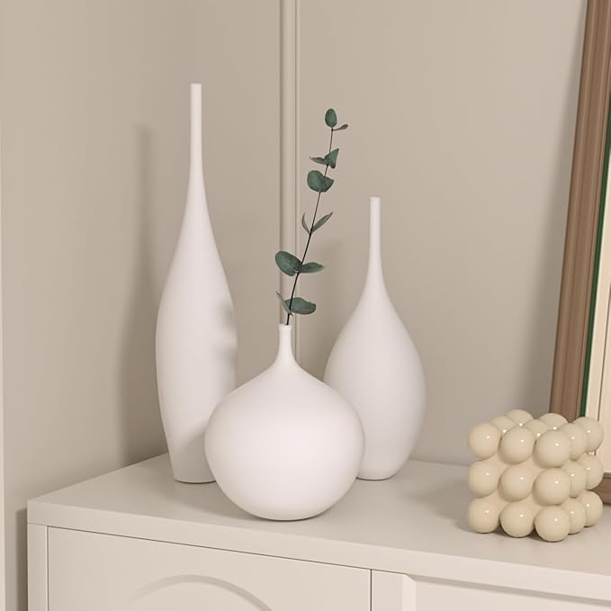 White Ceramic Vase Modern Boho Wabi-Sabi Flower Vase Set of 3 Decorative Aesthetic Vases for Centerpieces Pampas Matte Minimalist Vases for Living Room Table Shelf Home Decor Gift