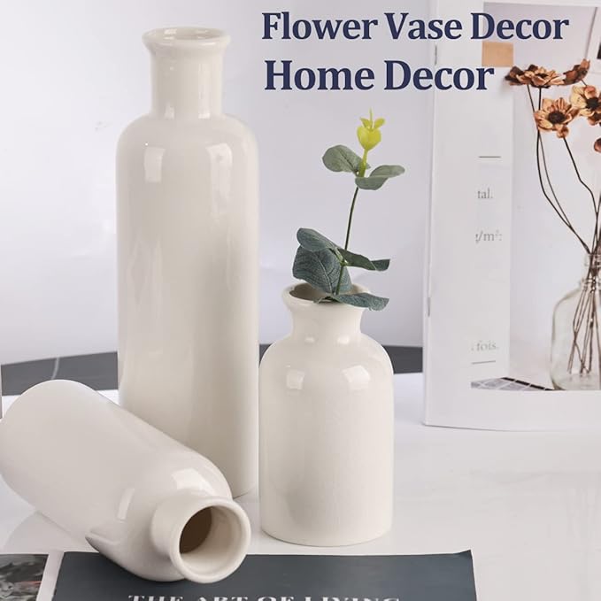 Farmhouse Decor 3 Piece Set - White Crackle Ceramic Vase for Country Home Centerpieces, Living Room, Table, Fireplace and Entrance