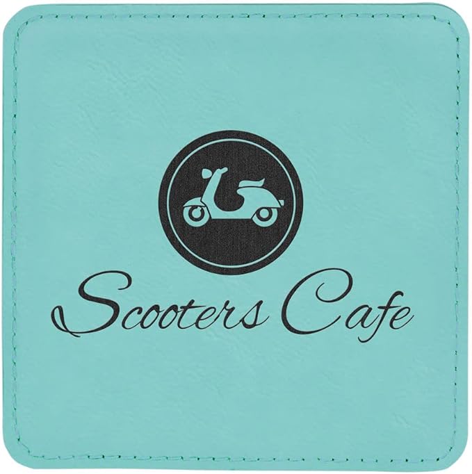 Custom Engraved Coasters | Personalized Leather Coaster | Set of 6 | Drink Coasters with Holder | Laser Engraved | Tabletop Protection | Gift for Couples (Square 4" x 4", Teal w/Black)