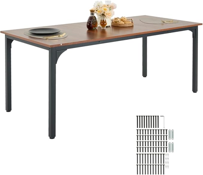 VEVOR Rectangle Dining Table, 71 inch Length Large Wood Tables for 6-8 Person, Farmhouse Dinner Furniture, Rustic Conference Desk with Iron Legs, for Home Kitchen Living Room, Brown(Only Table)