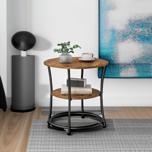 VASAGLE Side Table, 2-Tier Round End Table, Nightstand with Steel Frame for Small Spaces, Living Room, Bedroom, Rustic Brown and Ink Black