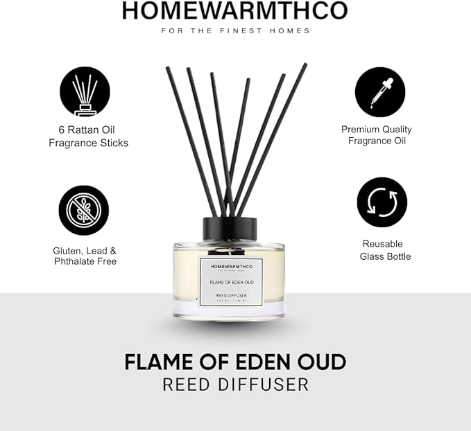Flame of Eden Oud Reed Diffuser Set - Luxury Fragrance Reed Diffusers for Home, Office & Bathroom Décor - Long-Lasting Scent Sticks Diffuser with Non-Toxic Oils (5.63 oz)
