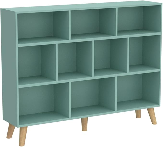 IOTXY Wooden Open Shelf Bookcase - 3-Tier Floor Standing Display Cabinet Rack with Legs, 10 Cubes Bookshelf, Tiffany-Green