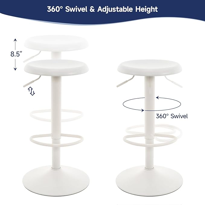 Brage Living Bar Stools Set of 2, Adjustable Height Swivel Bar Stools, Metal Airlift Barstools, Backless Counter Height Bar Chairs for Kitchen Dining Room Pub Cafe (White)