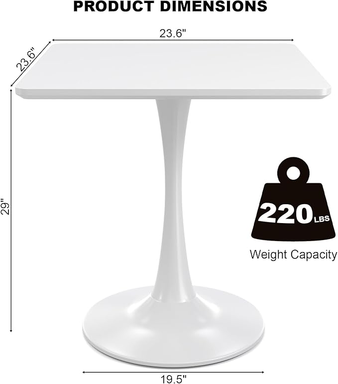 White Square Tulip Table for 2 Person, 24 Inch Small Dining Table with Metal Pedestal Base for Kitchen, Mid Century Modern Table with Round Corners for Living Room, Cafe, Office, Pub, Bar, Bistro