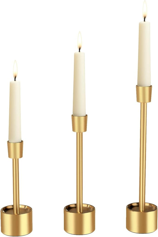 YUMORE 3-Packs Taper Candle Holders - Pillar Candlesticks Solid Stainless Steel Stands for Church, Wedding Centerpieces, Dining Table, Mantel Decor, Fireplace Party, Modern Farmhouse(Gold)