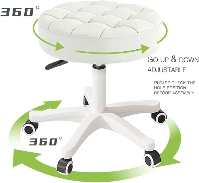 Small Chair Round Rolling Stool with Wheels PU Leather Height Adjustable Swivel Drafting Work SPA Salon Stools Home Office Chair