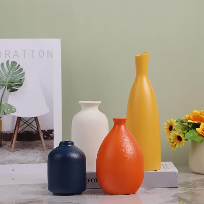 Colorful Ceramic Bud Vases Set of 4 - Modern Yellow, Orange, Blue Small Vases for Home Decor - Ideal for Living Room, Kitchen, Office, Bathroom, Mantle, Entrance, Farmhouse & Coffee Table Decorations