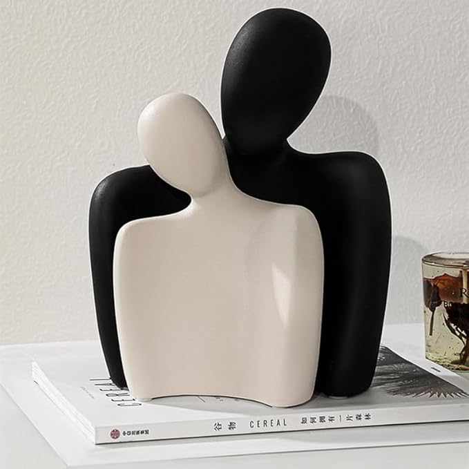 Ceramic Couple Statues for Home Decor, Hugging Couple Figurines, Modern Romantic Love Sculptures for Living Room Bedroom Office Shelf and Table Decor, Black White