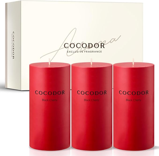 COCODOR Scented Pillar Candles, 3x6 Inch, Black Cherry, Candle Set of 3, Long Buring 85 Hours, Candles for Weddings, Party, Dinner, Home Decor.