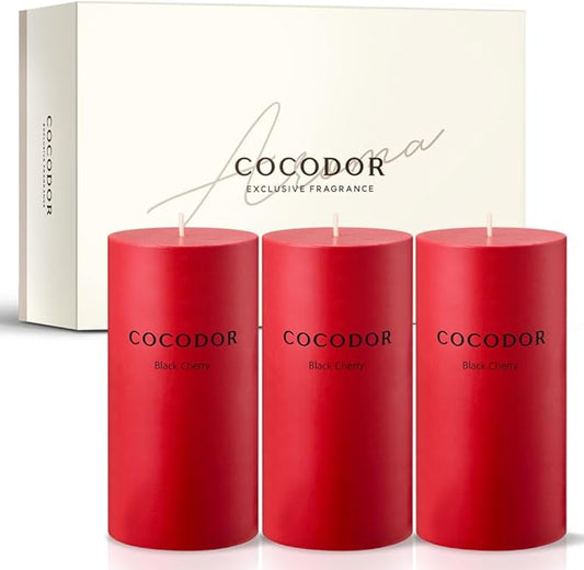 COCODOR Scented Pillar Candles, 3x6 Inch, Black Cherry, Candle Set of 3, Long Buring 85 Hours, Candles for Weddings, Party, Dinner, Home Decor.