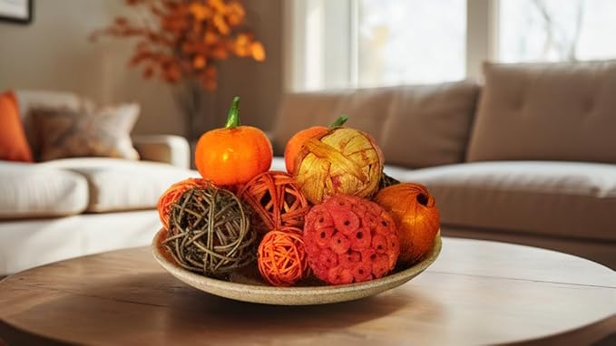 Qingbei Rina Fall Decorative Balls for Bowls, Pumpkins Bowl Fillers, Assorted Wicker Rattan Balls, Autumn Decorative Orbs Woven Spheres,Thanksgiving Holiday Home Decor(Orange)