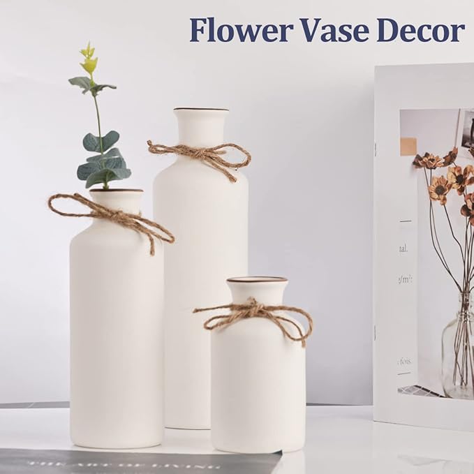 White Ceramic Vase Set - 3 Small Vases, Minimalist Decor Boho Vases, Modern Farmhouse Home Décor Accents, Living Room Centerpieces for Home Décor Room,Entryway, Bookshelf, Mantel, Shelf Décor