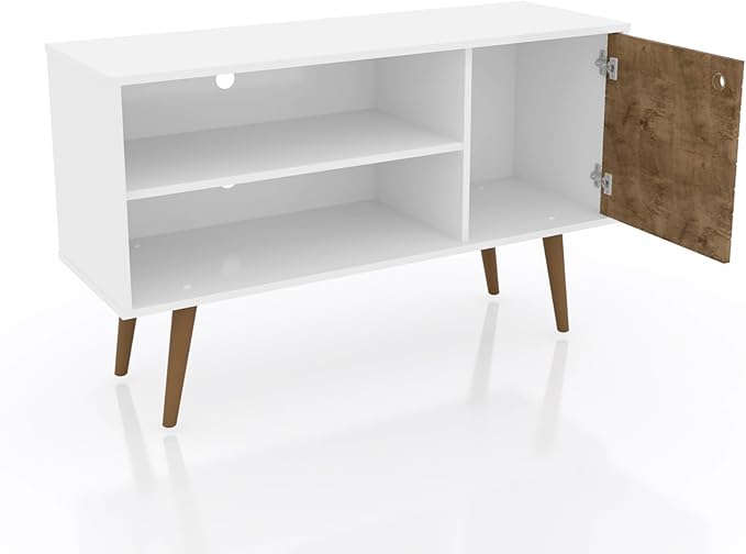 Manhattan Comfort Liberty Mid Century Modern TV Stand for Televisions up to 46 Inches, Bedroom and Living Room Entertainment Center with Storage, Shelves, and Cabinet, 43" Wide, White/Rustic Brown