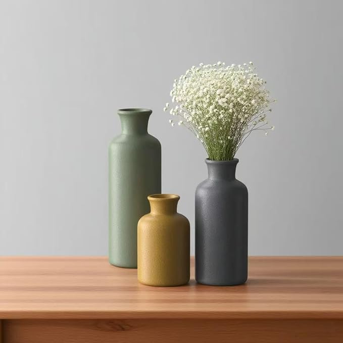 3PCS Ceramic Vase Set for Pampas Grass, Modern Boho Home Decor, Matte Handmade Vases Multi-Color for Farmhouse Living Room Shelf, Mantel, Centerpieces, Kitchen, Coffee Table Decoration