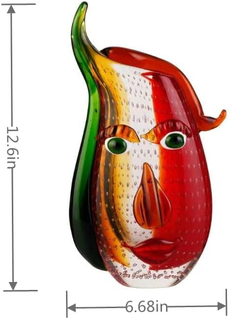 Yao Yuan Murano-Style Art Glass Vase with a Face - 12.6" Tall Mouth-Blown Artistic Sculpture with Vibrant Colors & Accents - Rich Colored Home Décor