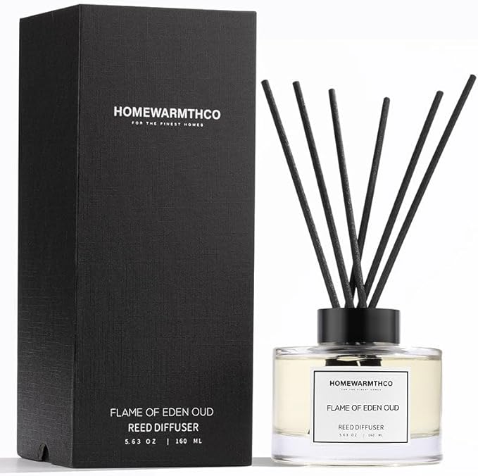 Flame of Eden Oud Reed Diffuser Set - Luxury Fragrance Reed Diffusers for Home, Office & Bathroom Décor - Long-Lasting Scent Sticks Diffuser with Non-Toxic Oils (5.63 oz)