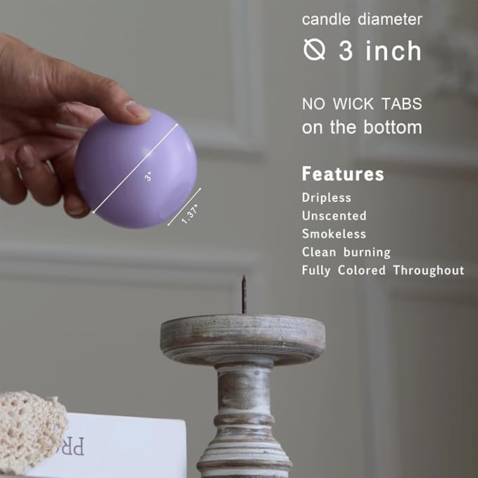 MOZEAL Hand-Poured, 3 Inch Lavender Round Ball Candles - Elegant Lavender Round Pillar Candles Set of 3, Dripless, Unscented, Smokeless, Ideal for Spa and Relaxation Themes.