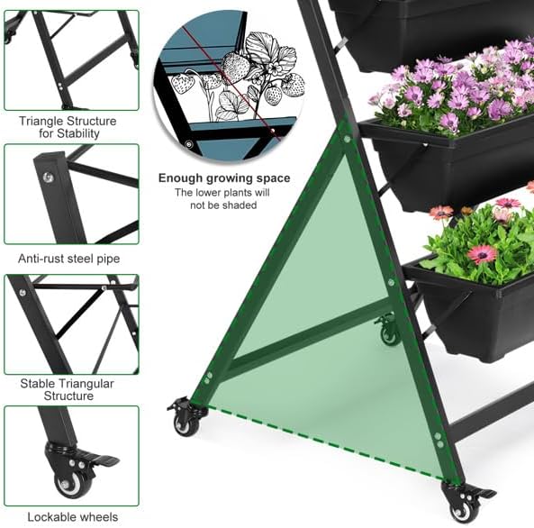 5 Tiers Vertical Garden Raised Beds with Mobile Legs Elevated Planter Boxes with 5 Container Boxes Vertical Raised Garden Planter Outdoor with Drainage Holes & Removable Pale Black Raised Bed Box