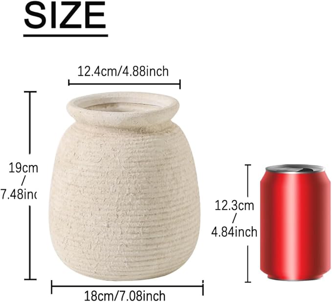 Ceramic Flower Vase, 7.48 Inch White Rustic Farmhouse Decorative Vase Pottery Wide-Mouth Vases for Home Decor Table Living Room Entryway Mantel Bookshelf Bedroom Bathroom Kitchen