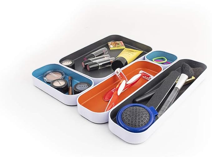 Three by Three Seattle 5 Piece Metal Organizer Tray Set for Storing Makeup, Stationery, Utensils, and More in Office Desk, Kitchen and Bathroom Drawers (1 Inch, Gray, Sky Blue, Orange)
