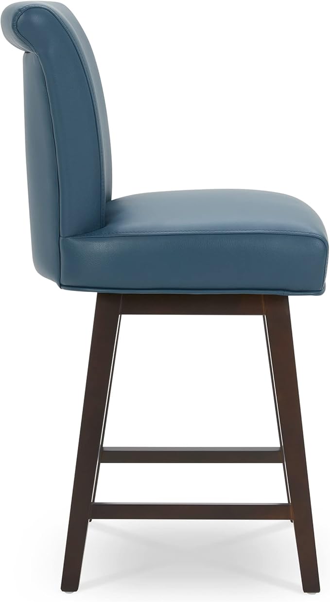 CHITA 26 Inch Counter Height Swivel Bar Stool, FSC Certified Modern Upholstered Faux Leather Swivel Barstool Chair with Back, Blue