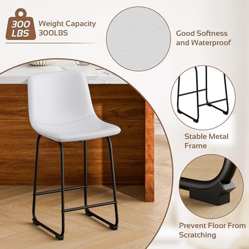 Bar Stools Set of 4, 30inch Bar Height Bar Stools with Back, Modern Faux Leather Bar Stools with Metal Legs and Footrest, Urban Armless Bar Chairs for Kitchens Island (White)