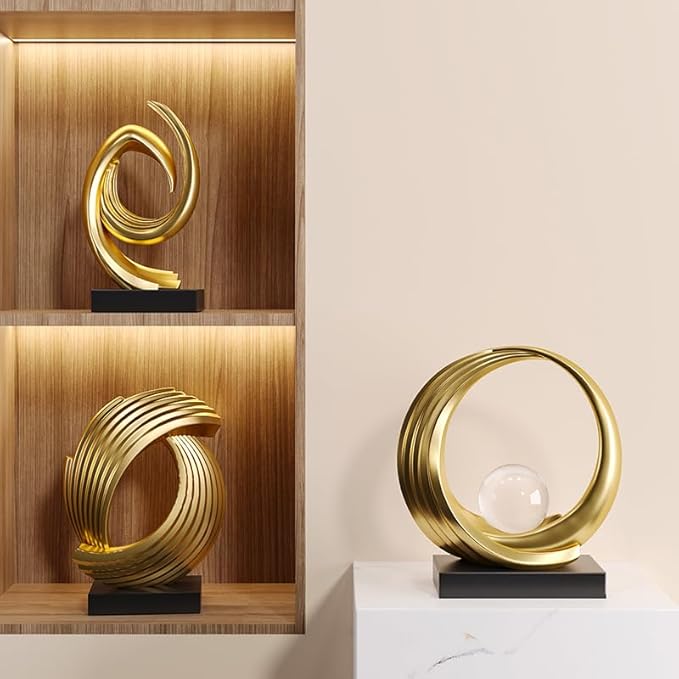 Golden Wave Resin Origami Statue Modern Abstract Home Decoration Emphasizes Abstract Office Desk Carving Table Family Bedroom Living Room Garden Office Golden Stripe Decoration (B)
