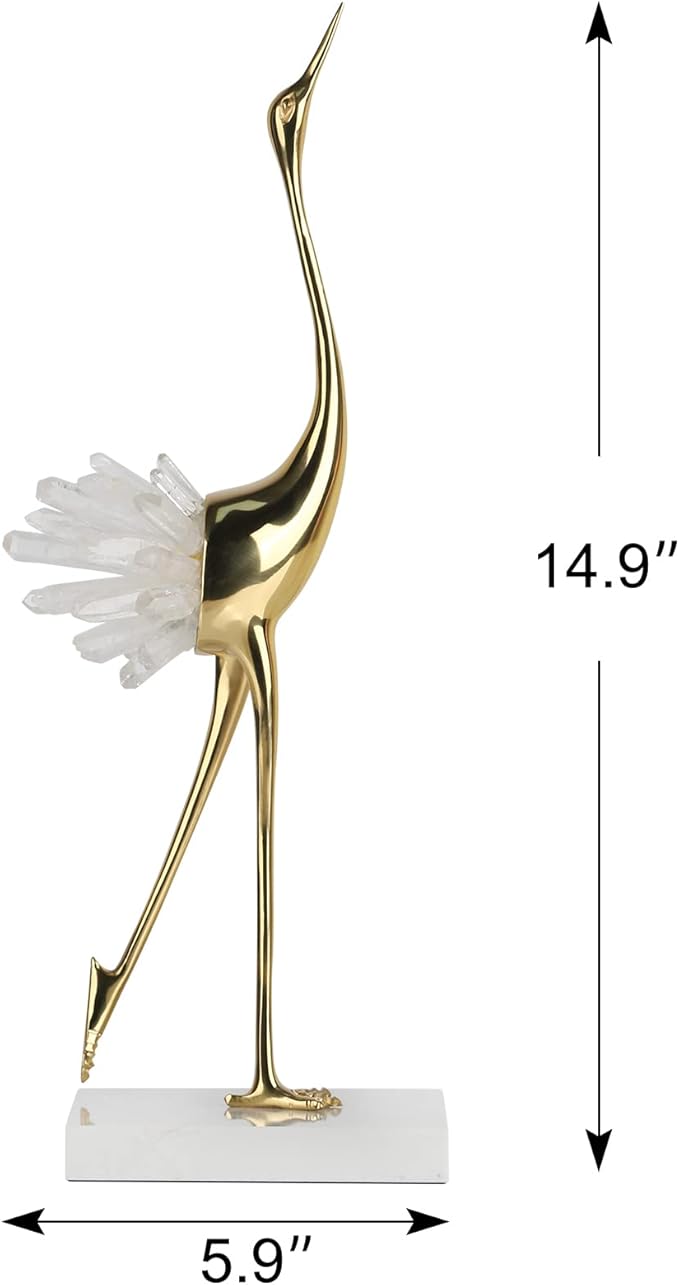 suruim Elegant Gold Crane Bird Statues with Crystal Tail Accents, Decorative Brass Figurines for Home Decor (White A)