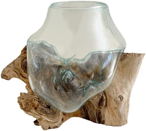 Hand Blown Molten Glass & Teak Wood Terrarium/Vase/Fish Bowl - Premium Quality (10" - 12" High)