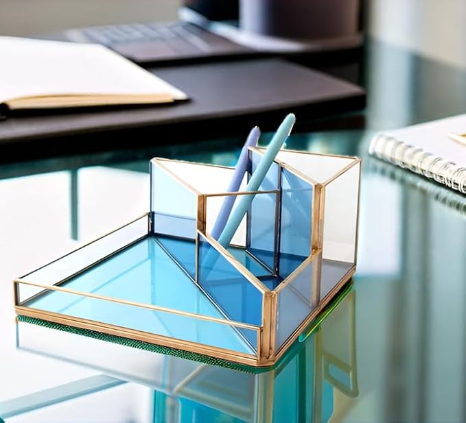 Gold & Blue Glass Desk Organizer - Elegant Office Decor, Aesthetic Makeup Brush Holder & Skincare Organizer, 4-Compartment Pen Holder, Pencil Cup, Vanity & Cosmetic Storage, Desk Accessories for Women