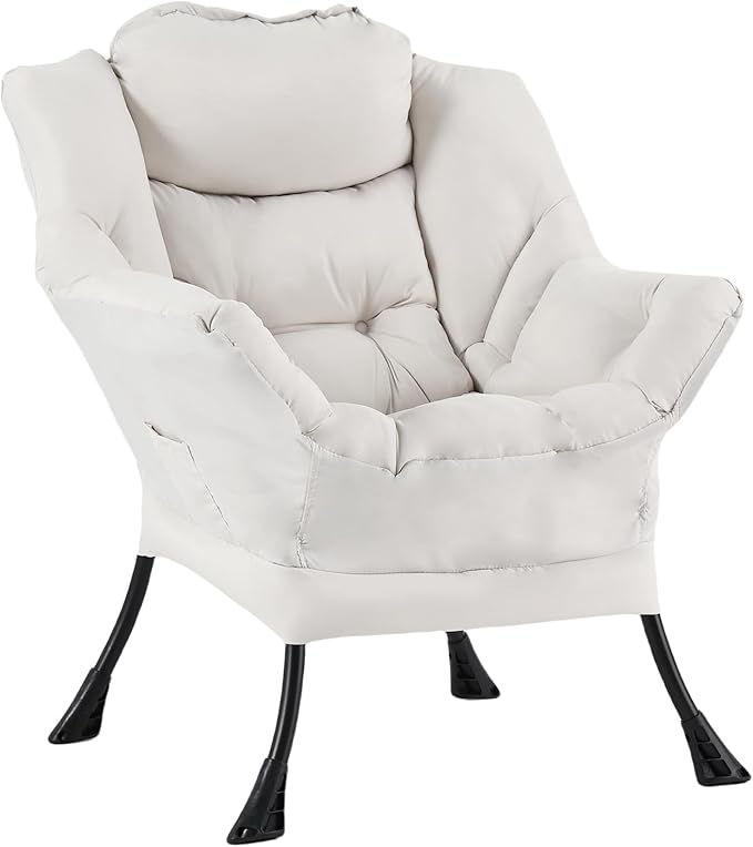 Welnow Lazy Chair for Living Room, Modern Reading Lounge Accent Chair with Armrests and a Side Pocket, Leisure Upholstered Lazy Sofa for Small Space, Bedroom, Dorm, Beige