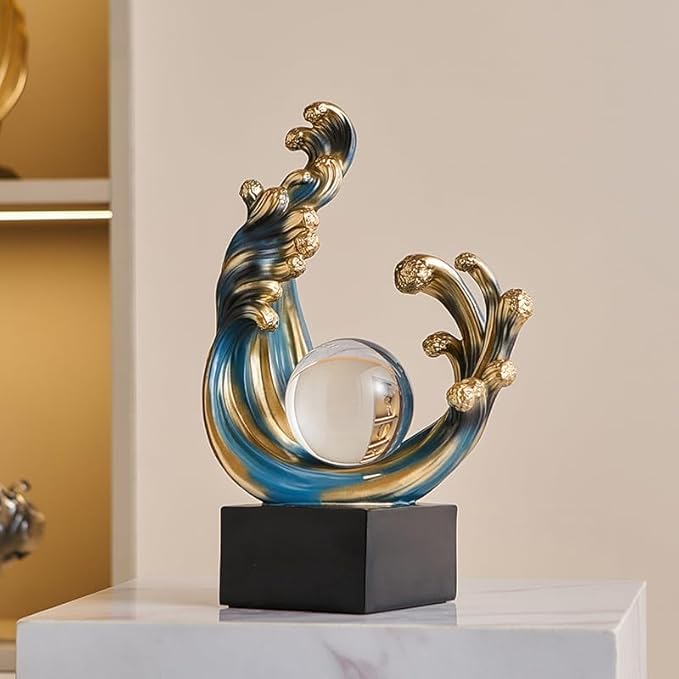 Modern Abstract Decorative Wave Statue, Blue Abstract Art Home Decor,Crystal Ball Art Wave Resin Sculpture, Office Desk Stand, Dining Table Center Decorative Aesthetics(A,Blue)