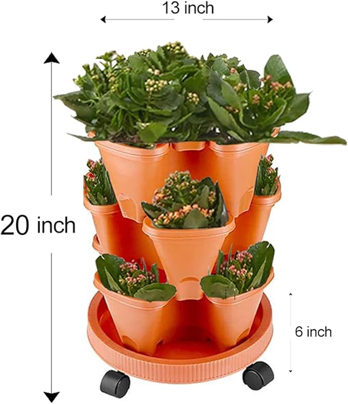 Strawberry Vertical Planters, 3 Tiered Stacking Tower Garden, Stackable Herb Vegetable Planters with Movable Casters and Bottom Saucer Indoor and Outdoor