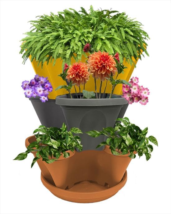 3 Tier Stacking Planter-Flower, Herb, Stackable Garden, Vegetable-Self-Watering-Indoor/Outdoor (Tuscany, Terracotta, Gray)
