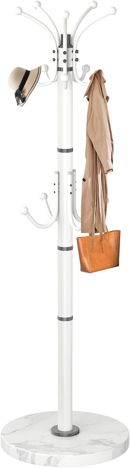 Metal Coat Rack Stand with Natural Marble Base, Modern Coat Rack Freestanding, 360°Rotary Coat Racks with 14 Hooks, White Coat Stand Hall Tree Hanger Stand for Entryway, Office，Corner