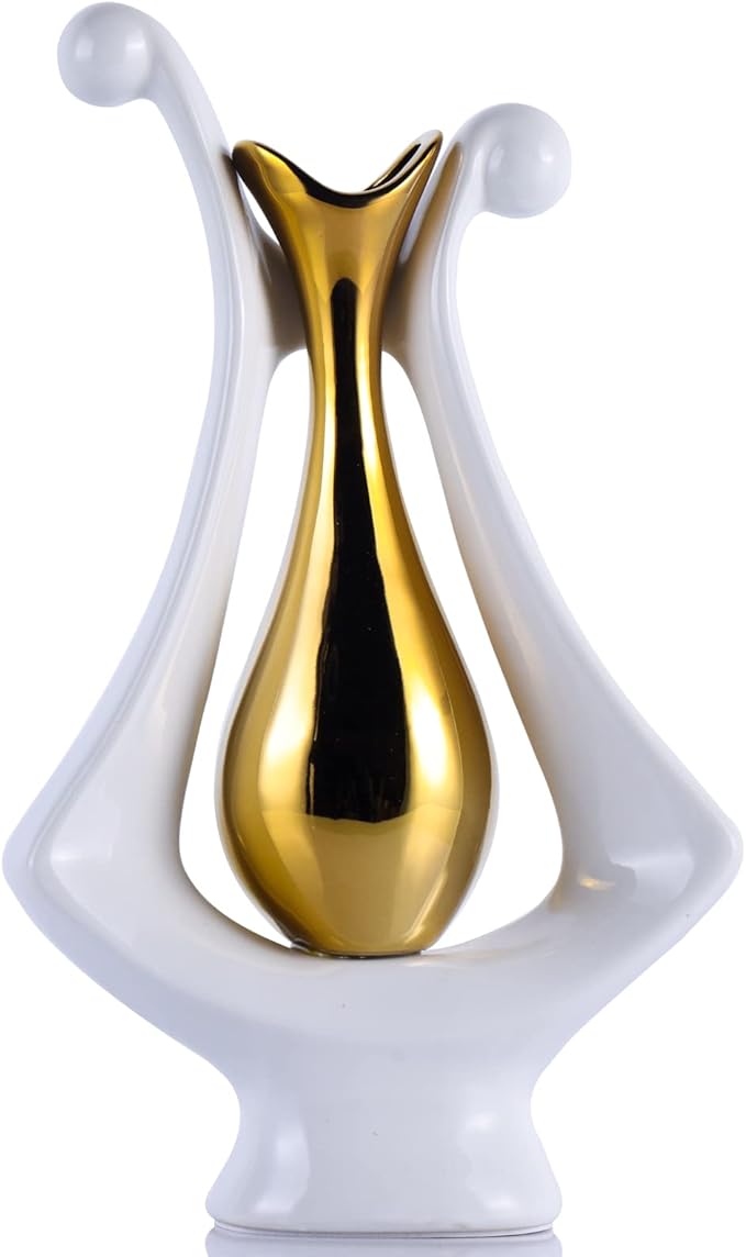 White Gold Abstract Art Ceramic Vases for Home Décor Accent,Nordic Modern Minimalist Vases for Flowers,Shelf,Table Centerpieces,Bookshelf,Fireplace Mantle,Rustic,Wedding,Mid Century Décor