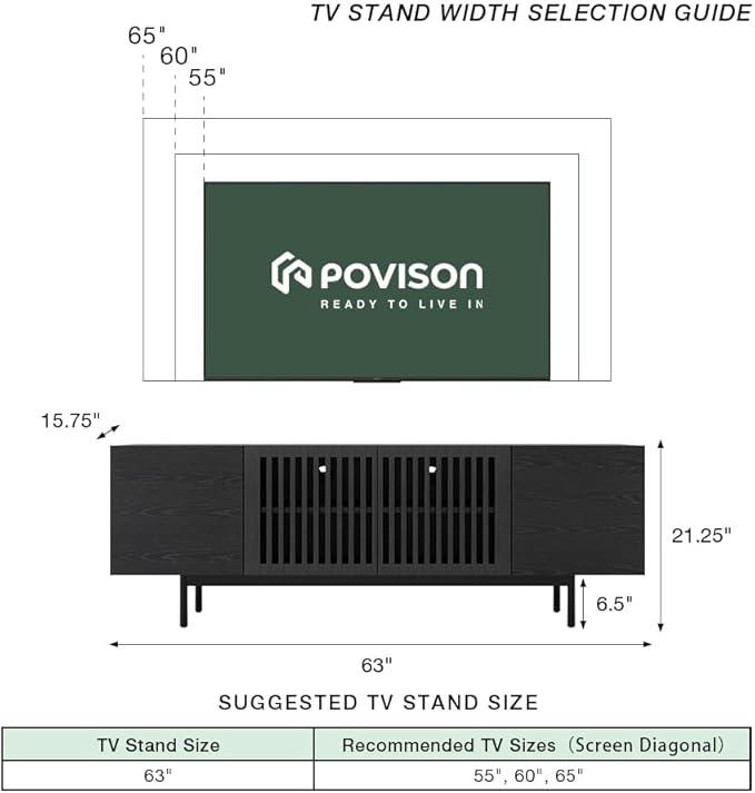 POVISON Full Assembled Mid-Century Modern TV Stand with Slatted Doors, Wood Media Console for 65 Inch TV, TV Console with Tall-cast Metal Legs, Entertainment Center with Storage for Living Room