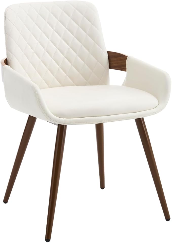 Mid Century Modern Dining Chairs Set of 2 - Faux Leather Dining Room Chairs, Upholstered Kitchen Chair with Arms and Metal Legs - Beige