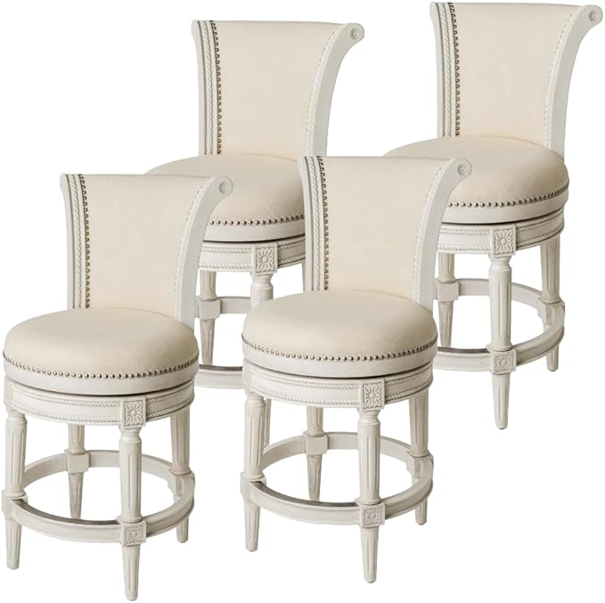 Maven Lane Pullman Counter Stool 26 Inches – Set of 4 – Swivel Stools with Footrest – Cream Solid Wood Frame & Natural Fabric Upholstery – Perfect for Kitchen Islands & Counters