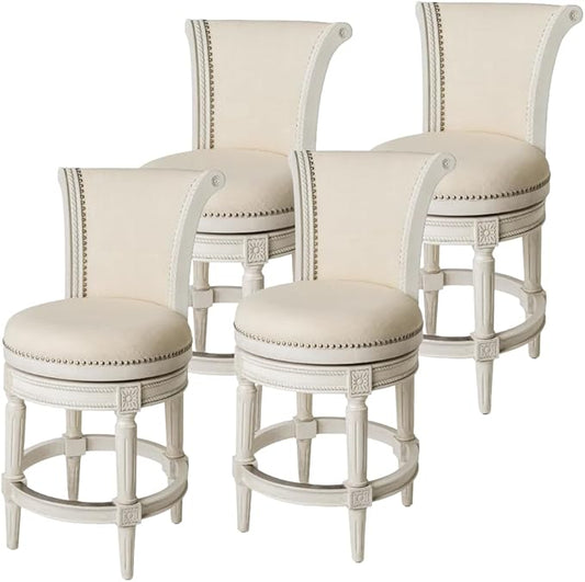 Maven Lane Pullman Counter Stool 26 Inches – Set of 4 – Swivel Stools with Footrest – Cream Solid Wood Frame & Natural Fabric Upholstery – Perfect for Kitchen Islands & Counters