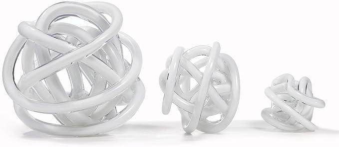 Luxury Lane Hand Blown Infinity Knot Sommerso Decorative Glass Ball for Bowls Home Decor 6 inch Tall Orbit Centerpiece Table Decoration Sculpture White