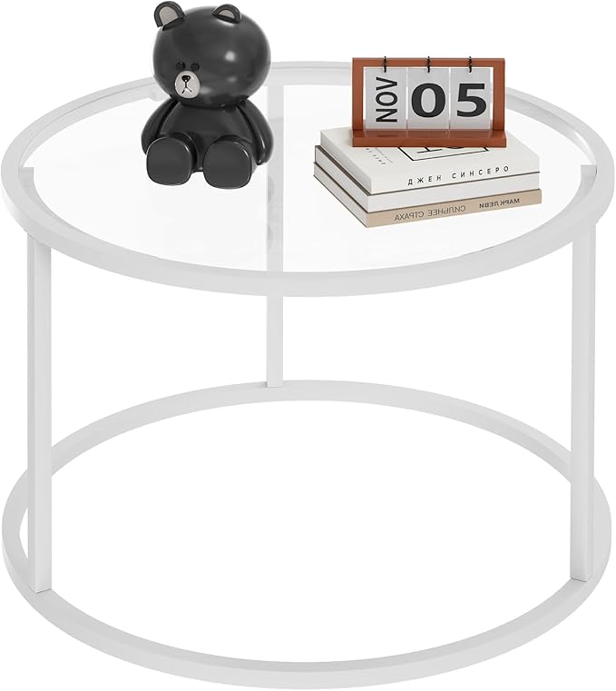 Glass Coffee Table Modern Center Table,Minimalist Coffee Table Sofa Side Tea Table for Living Room,Tempered Glass-top with Sturdy Metal Frame, Easy Assembly, 27 x 27 x 17 Inch,White