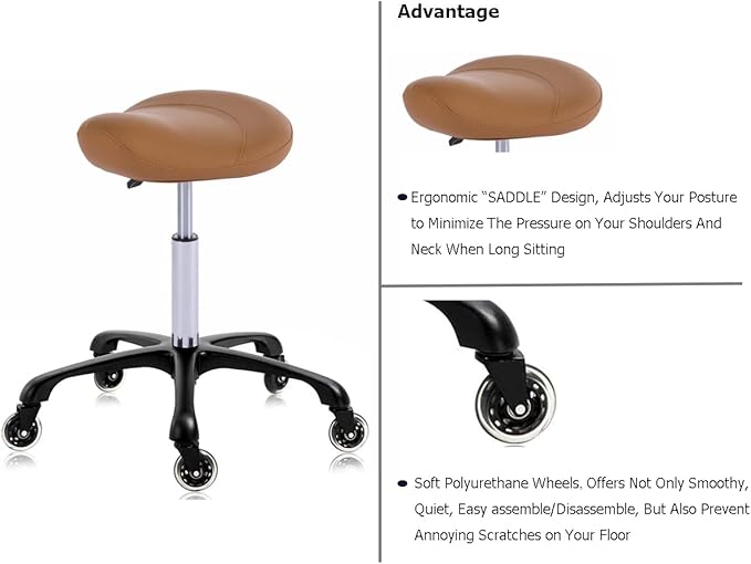 Hydraulic Saddle Stool with Wheels Height Adjustable Stylish Ergonomic Rolling Swivel Chair for Hygienic Clinic Salon Tatoo Massage Office (Camel)