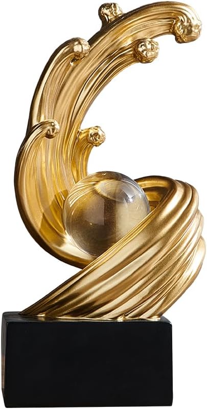 Golden Wave Resin Sculptures with Crystal Ball Decor - Modern Abstract Home Decor, Ideal for Dining Table Centerpiece, Bookshelf, TV Stand, Office Desk & Home Entryway (B,Gold)