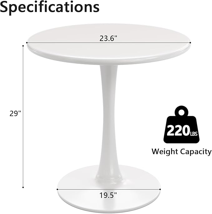 White Round Dining Table for 2 Person, 24 Inch Small Tulip Table with Metal Pedestal for Living Room, Mid Century Modern Kitchen Table for Kitchen, Office, Pub, Bar, Bistro, Circle Cafe Tables