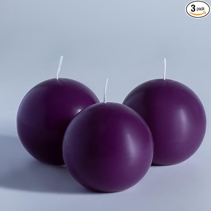 MOZEAL Hand-Poured, 3 Inch Purple Round Ball Candles - Elegant Purple Round Pillar Candles Set of 3, Dripless, Unscented, Smokeless, Ideal for Spring Celebrations.