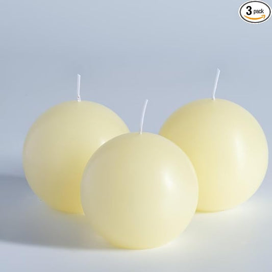 MOZEAL Hand-Poured, 3 Inch Ivory Round Ball Candles - Elegant Cream Round Pillar Candles Set of 3, Dripless, Unscented, Smokeless, Ideal for Weddings and Elegant Celebrations