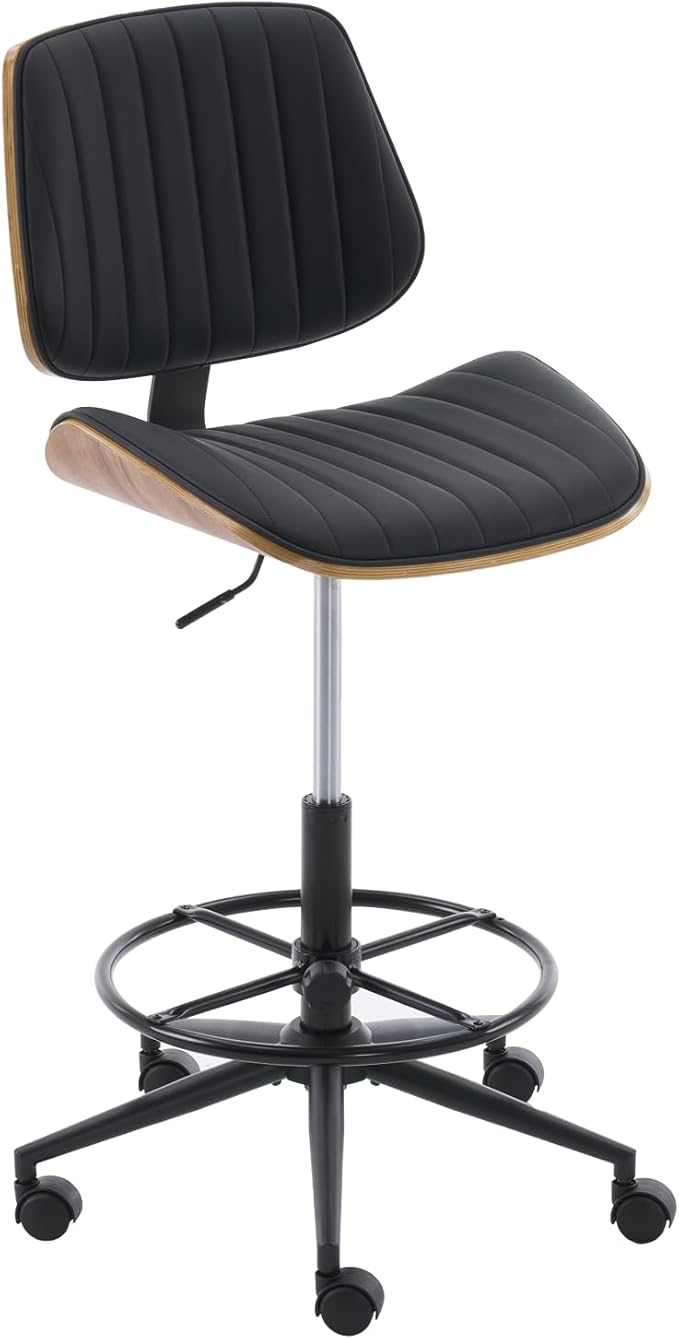 Drafting Home Office Chair, Swivel Desk Chair with Bend Wood Backrest, Ergonomic Office Chairs with Adjustable Height and Footrest Ring for Bar Lab Counter Height Desk and Drawing, Black